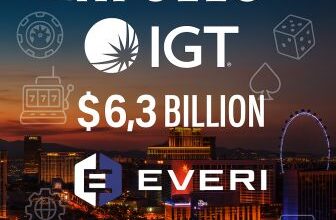 Las Vegas skyline at dusk with casino and gaming technology symbols overlay representing the Apollo‑IGT‑Everi acquisition