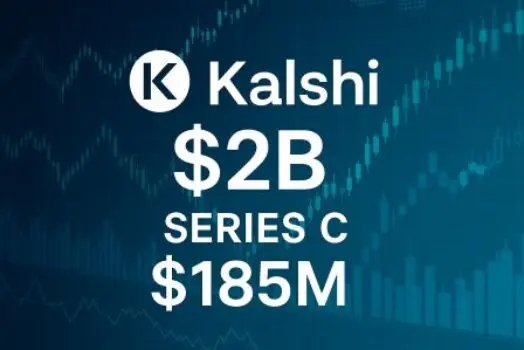 Kalshi logo with $2 billion valuation badge and Series C $185M funding overlay