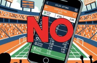 Illustration depicting a ban on collegiate prop bets in New Jersey, with a crossed-out betting screen and a college sports background.