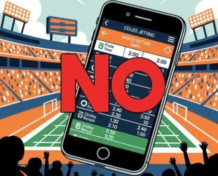 Illustration depicting a ban on collegiate prop bets in New Jersey, with a crossed-out betting screen and a college sports background.