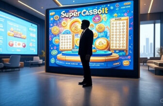 Digital lottery interface displaying Super Cash Bolt with a corporate office setting, symbolizing Allwyn North America’s CEO transition in 2025.