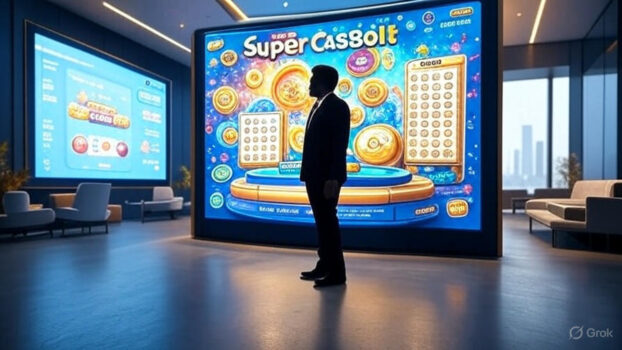 Digital lottery interface displaying Super Cash Bolt with a corporate office setting, symbolizing Allwyn North America’s CEO transition in 2025.