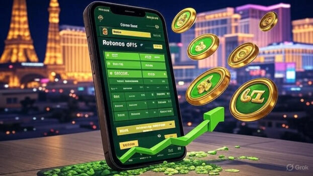 BetMGM H1 2025 revenue growth with smartphone displaying sports betting and casino slots