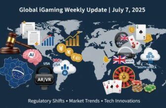Digital collage depicting global iGaming trends for July 2025, with icons for regulatory changes, market growth, technology innovations like AI and VR, and casino symbols overlaid on a world map highlighting key regions such as Brazil, USA, UK, EU, and South Africa. Features a professional navy, white, and gold color palette.