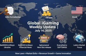 Dynamic digital graphic for Global iGaming Weekly Update, July 14, 2025. Features a world map highlighting India, Ukraine, USA, Brazil, and Europe, with icons representing regulatory updates (gavel, document), financial growth (bar graph, coins), game innovation (slot machine), tech enhancements (AI brain, gear), and LatAm market focus (globe). The design uses a high-contrast palette of midnight blue, white, gold, and teal.
