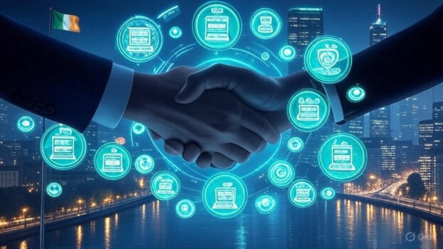 Digital illustration of Ireland and Belgium’s 2025 iGaming regulatory partnership, featuring flags, gaming symbols, and a handshake.