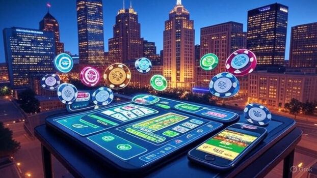 Michigan iGaming and sports betting revenue growth in June 2025, featuring online casino and betting icons.