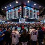 Nevada sportsbook patrons monitoring baseball betting lines on screens