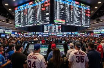 Nevada sportsbook patrons monitoring baseball betting lines on screens