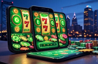 Futuristic mobile device displaying Pennsylvania online casino and sports betting interface with Philadelphia skyline, highlighting iGaming revenue growth in June 2025.