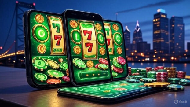 Futuristic mobile device displaying Pennsylvania online casino and sports betting interface with Philadelphia skyline, highlighting iGaming revenue growth in June 2025.