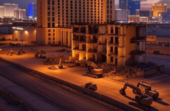 Royal Resort in Las Vegas with construction equipment, set for demolition in August 2025, against a vibrant skyline backdrop.